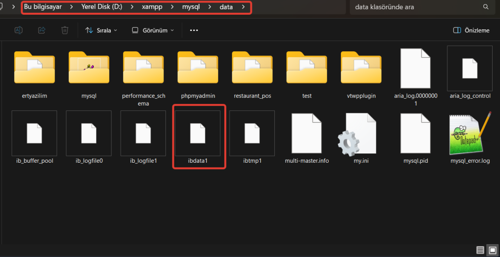 MySql ibdata1 dosyası